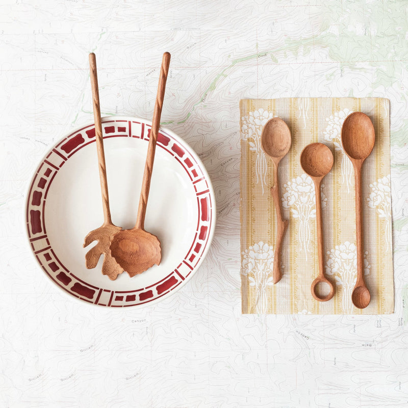 Carved Doussie Wood Leaf Salad Servers - Pinecone Trading Co.