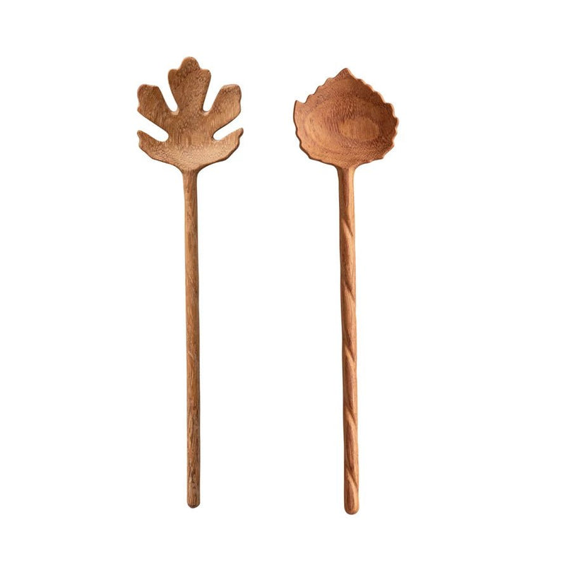 Carved Doussie Wood Leaf Salad Servers - Pinecone Trading Co.